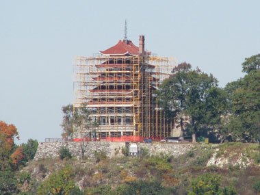 Pagoda surrounded by scaffolding